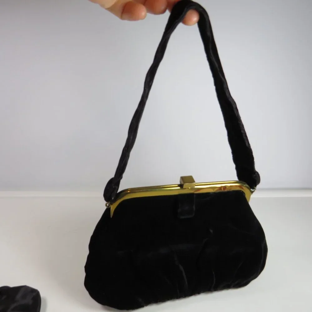 Vintage Black Velvet Kiss-Lock Clutch Purse, satin change & Jeweled Mirror Brush